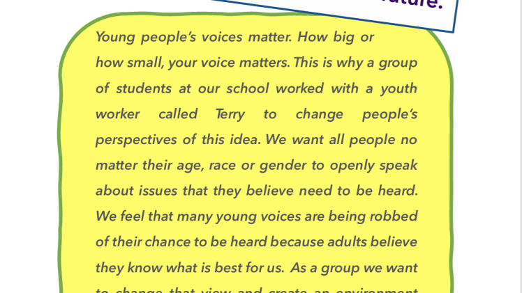 A yellow speech bubble describing a research project in a school